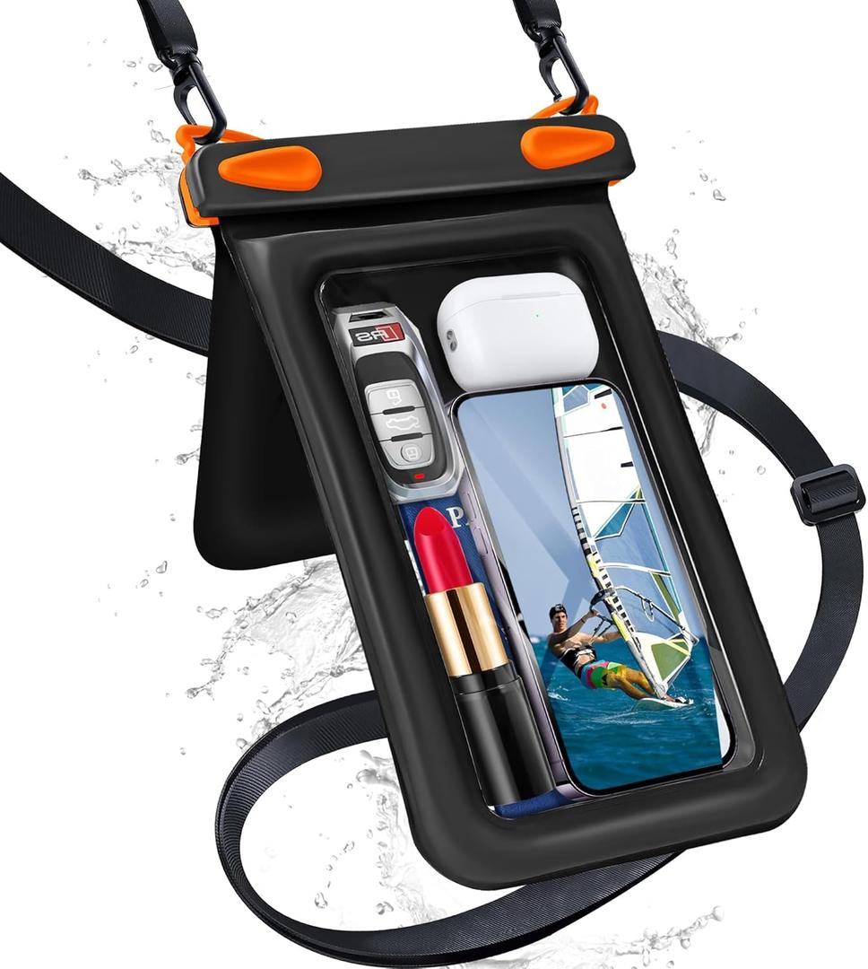 Waterproof Phone Pouch Double Pocket, Floating IPX8 8.5 inch Waterproof Phone Case for Beach Vacation Essentials for Compatible IPhone16 15 14 Pro Max Galaxy S25 S24 Waterproof Dry Bag (Black Orange)