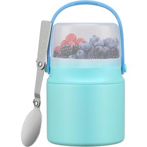 2-in-1 Insulated Food Jar with a Snack Container - 15oz Kids Soup Thermos for Hot Food with Handle and Spoon, Leak Proof Bento Lunch Box Kids, Perfect for School & Travel, Tiffany Blue