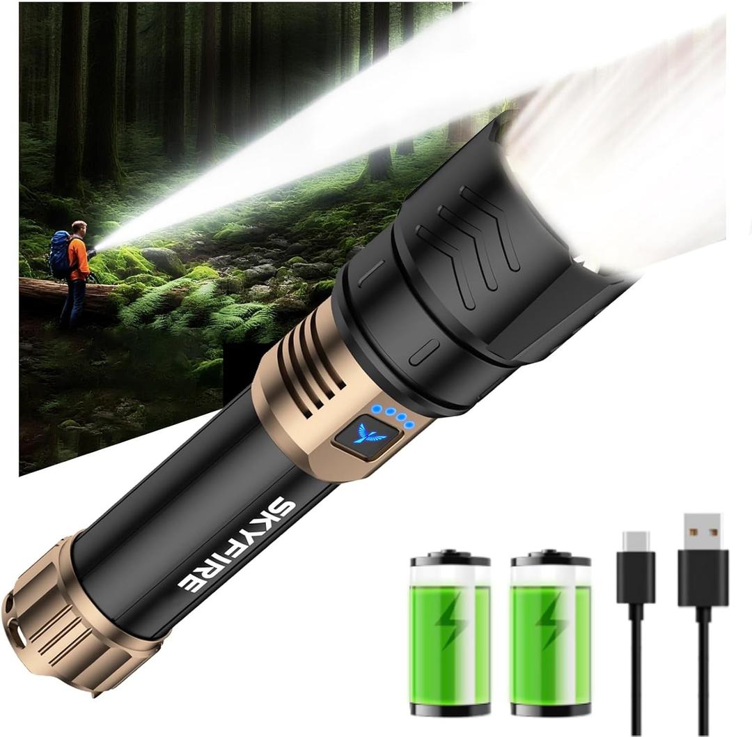 SKYFIRE Rechargeable Flashlight High Lumens,Super Bright Flashlight,Zoomable,Four Modes,Waterproof LED Flash Light for Camping Essentials,Outdoor and Home Emergencies-8000mAh