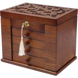 Changsuo Wooden Jewelry Box for Women, Organizer Box of Solid Wood with Lock and Key for Jewelries, Watches, Necklace, Ring, Lockable Storage Case (Dark Brown)