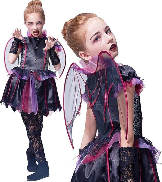 IKALI Halloween Vampire Bat Costume for Girls with Wings,Kids Gothic Darkness Fancy Dress Outfit