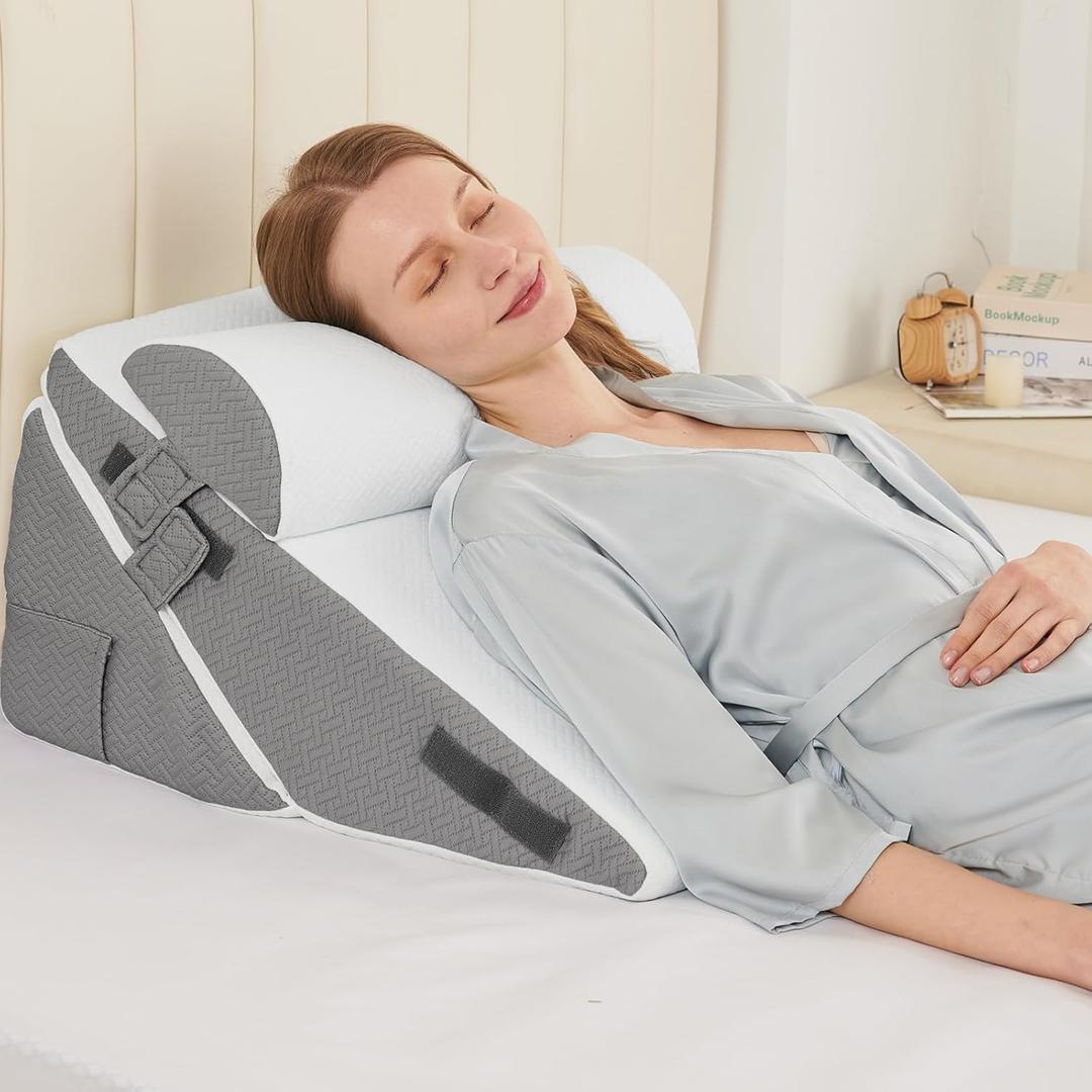 Sasttie Wedge Pillow Set for After Surgery, 2PCS Adjustable Bed Wedge Pillow Headboard with Memory Foam Neck Cushion  for Acid Reflux, Sleeping, Neck & Back Support, Dark Grey & White (Adjustable 9&12 Inch + 1 Head Pillow)