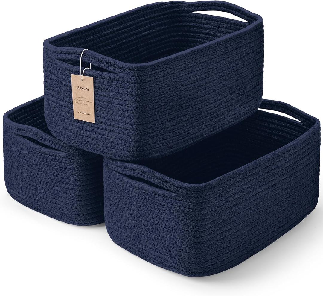 3-Pcs Shelf Baskets for Organizing, Closet Organizer Bins, Small Woven Baskets, Rope Toy Basket, Storage Basket for Shelves, Cube Decorative Box, 11.87.85.1|Navy Blue