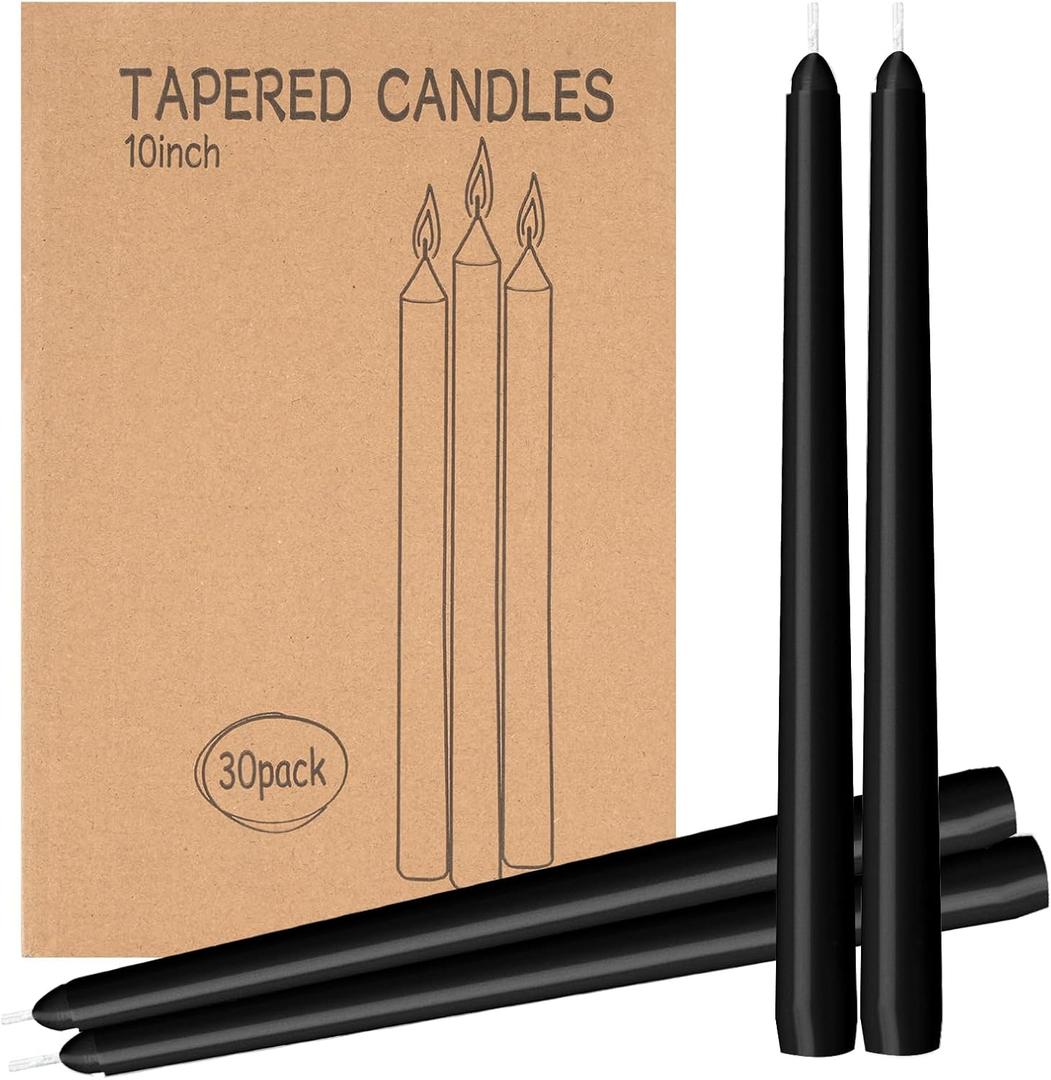 30 Pack Black Taper Candles - Taper Candles 10 Inch Dripless, Smokeless & Unscented - 8 Hours Long Burning - Ideal for Weddings, Dinner Parties, and Home Decor