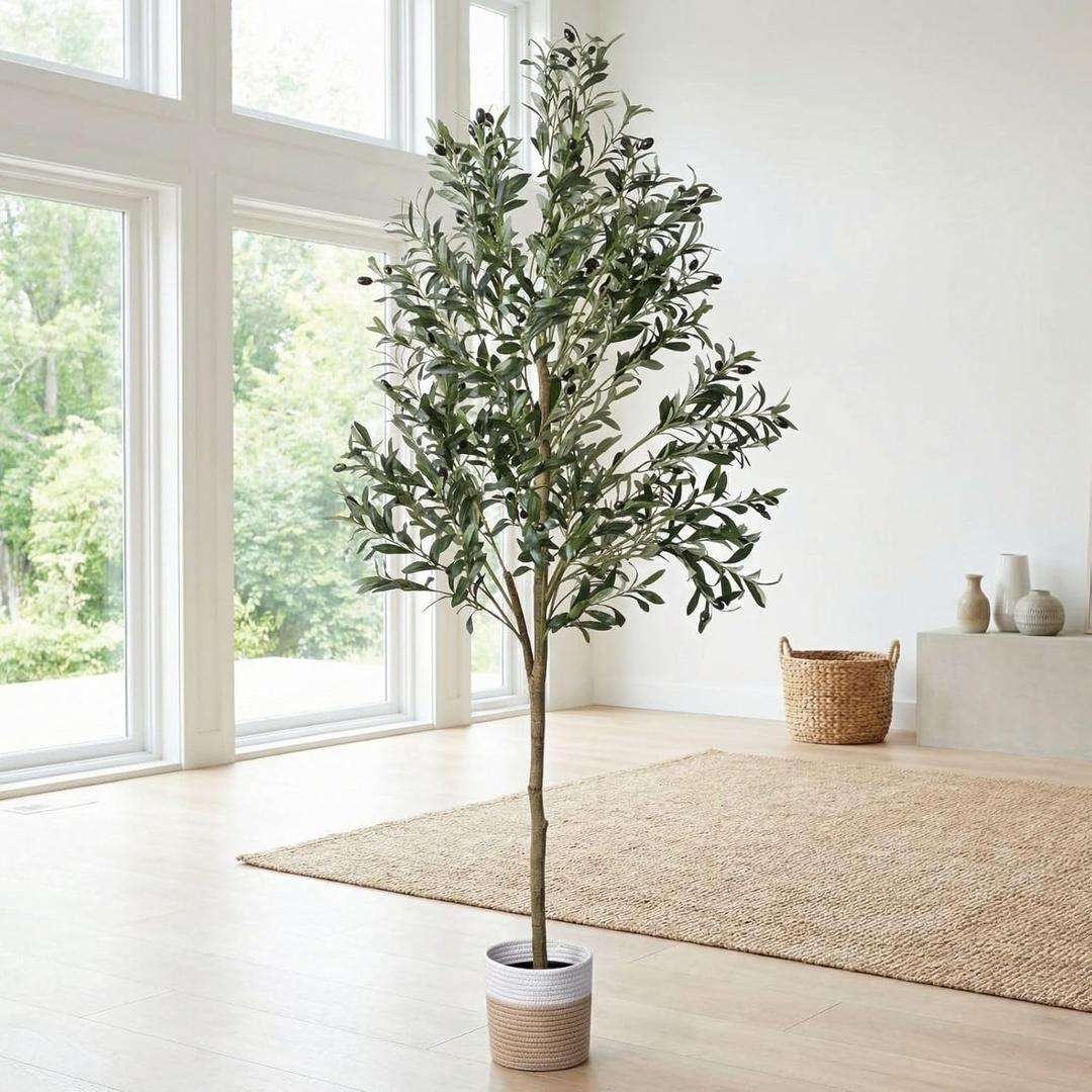 6ft Dense Leaves Artificial Olive Tree with Woven Basket - Realistic Faux Olive Tree for Living Room, Office & Home Decor - Large&Tall Indoor Floor PlantAesthetic Silk Plants
