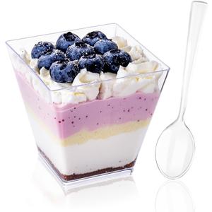 YOUBET 102 PCS Plastic Dessert Cups - 8oz Clear Square Cups - 51 Pack Mini Appetizer Cup with Tasting Spoons for Pudding, Fruit, Yogurt Parfait and Ice Cream