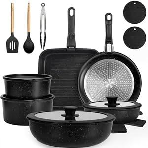 22 Pack Nonstick Pots and Pans Set, KIKCOIN Cookware Set with Detachable Handle, Kitchen Cooking Pans Set with Frying Pan, Grill Pan - Stackable for RV Kitchen, Induction Ready, Dishwasher/Oven Safe
