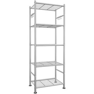 Sakugi 5-Tier Storage Shelves with Hooks, 18.1" x 12.4" x 56.8", Silver | Heavy-Duty Metal Frame, Space-Saving Shoe Rack & Bookshelf, Adjustable Leveling Feet, Ideal for Bedroom, Bathroom and Garage