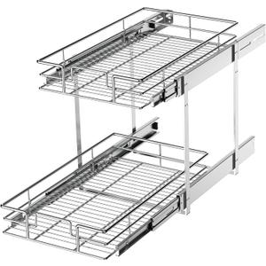 2 Tier Pull Out Cabinet Organizer 11" W X 22" D, Slide Out Drawers For Kitchen Cabinets, Pull Out Drawers For Cabinets Capacity Heavy Duty Caddy, Cabinet Pullout Shelves Chrome-Plated, Bathroom Pantry
