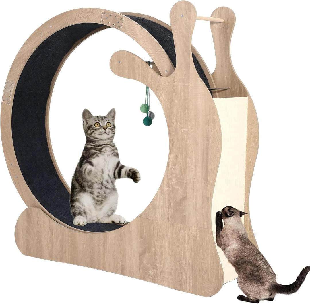 Large Cat Running Wheel, Cat Wheel for Indoor Cats 37.5" Inner Diameter Wood Pet Treadmill with Scratching Board and Playing Balls Quiet Cats Wheel Exerciser Natural Wood