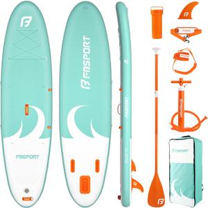 FBSPORT 11' Premium Stand Up Paddle Board, Yoga Board with SUP Accessories & Carry Bag | Wide Stance, Surf Control, Non-Slip Deck, Leash, Paddle and Pump for Youth & Adult (Orange Green)