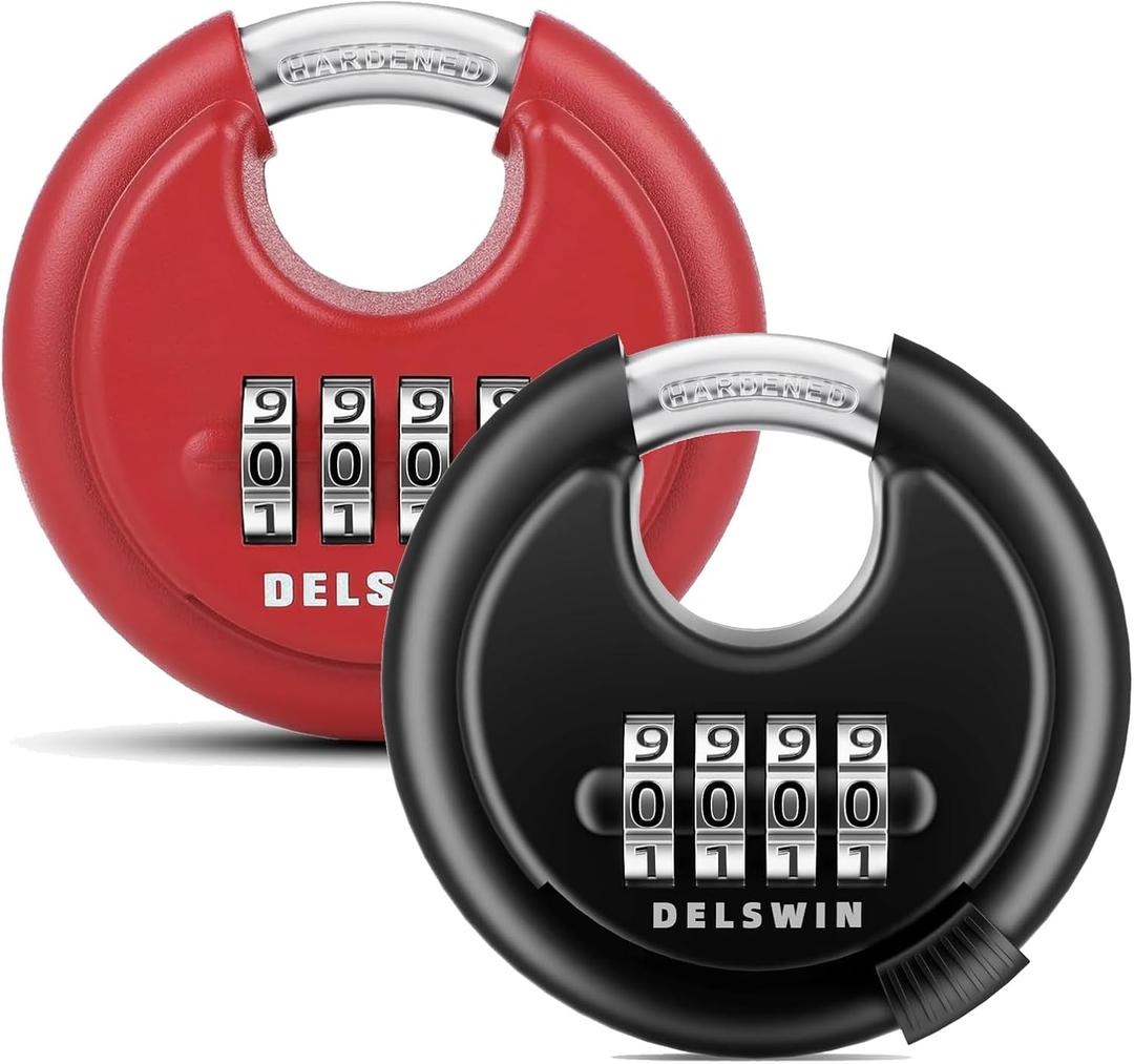 DELSWIN 4-Digit Disc Combination Lock Outdoor - Heavy Duty Combination Padlocks with Hardened Steel Shackle Weatherproof Combo Locks for Gates,Sheds,Fence,Storage Unit (3/8" Shackle, Black and Red)