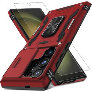 DEERLAMN Case for Samsung Galaxy S24 Ultra with Slide Camera Cover+Screen Protector (1 Pack), Rotated Ring Kickstand Military Grade Shockproof Protective Cover-Red (S24 Ultra-6.8 Inch)