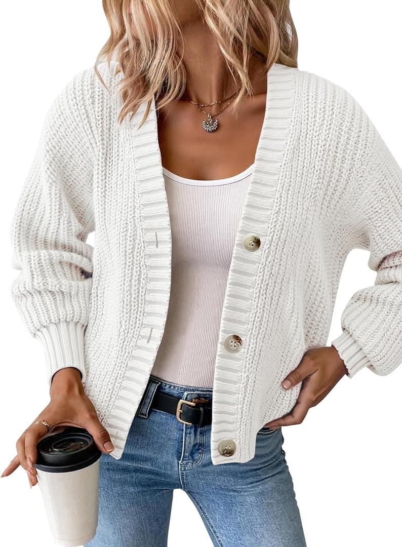 Womens Chunky Knit Cardigan Waffle Knit Button Down Oversized V Neck Fall Sweater for Casual Layering (Large,White)