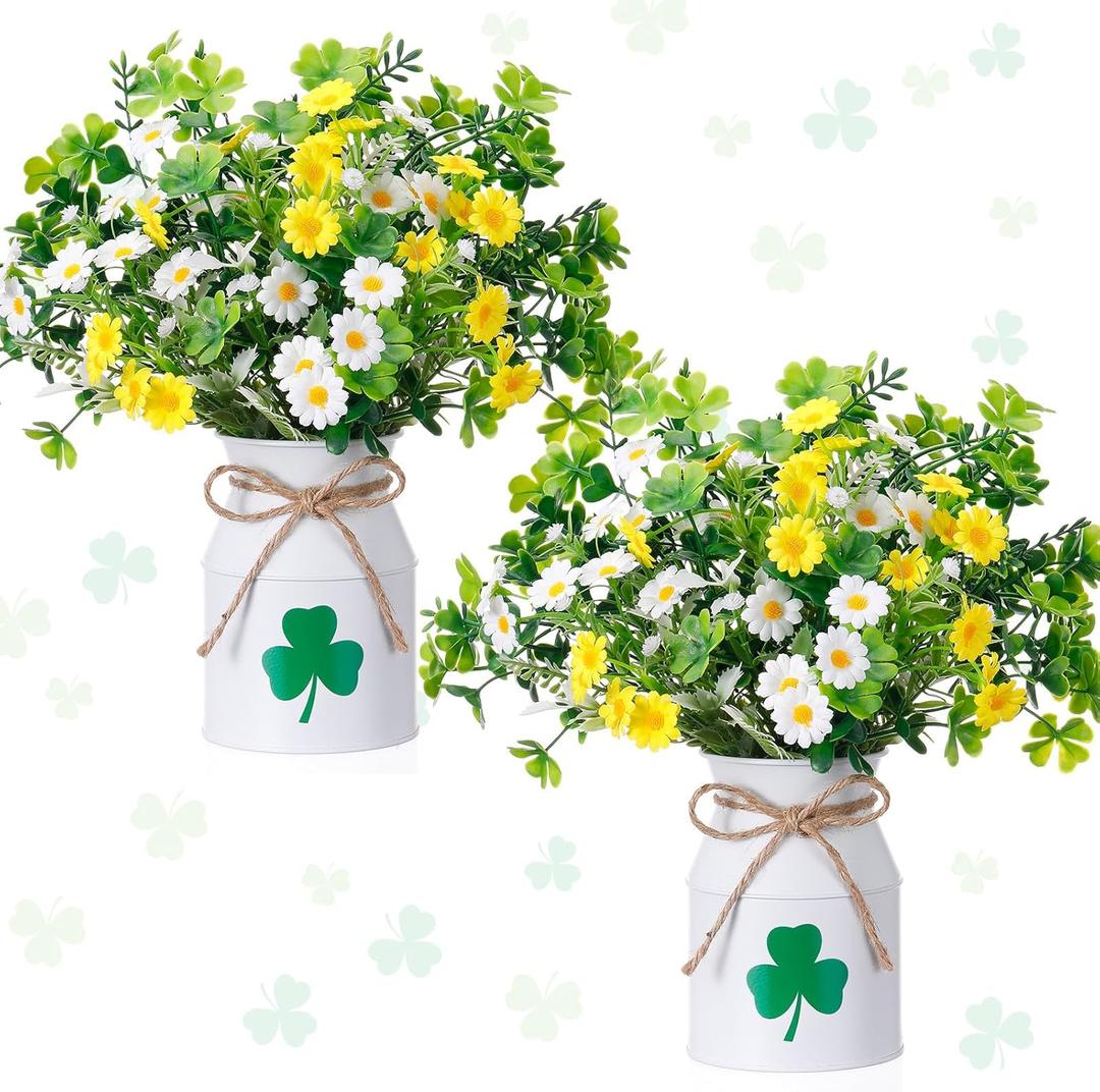 10 Pcs St. Patrick's Day Decorations Table Centerpiece Artificial Daisy Four Leaf Clover Branches with Vase Set Green Floral Arrangements for Home Farmhouse Party
