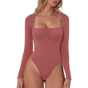 QINSEN Women's Sexy Square Neck Bodysuit Long Sleeve Double Lined Shirt Tops (Large, Merlot)