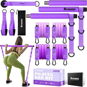 Pilates Bar Kit with Resistance Bands, Pilates Workout Equipment for Legs, Hip, Waist, Arm, Squats Exercise Equipment for Home Workouts, Adjustable 3-Section Pilates Bar Kit for Women & Men (Purple)