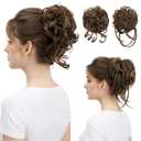 SARLA 2PCS Brown Messy Bun Hair Pieces for Women Wavy Curly Synthetic Hairpieces for Updos with Tendrils Fake Scrunchies Ponytail Extension Coffee Brown