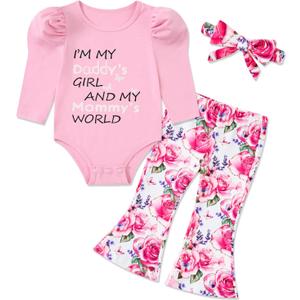 Baby Girl Romper Set and Bell Bottom Pant with Bow Headband Infant Fall Outfit 6-18 Month