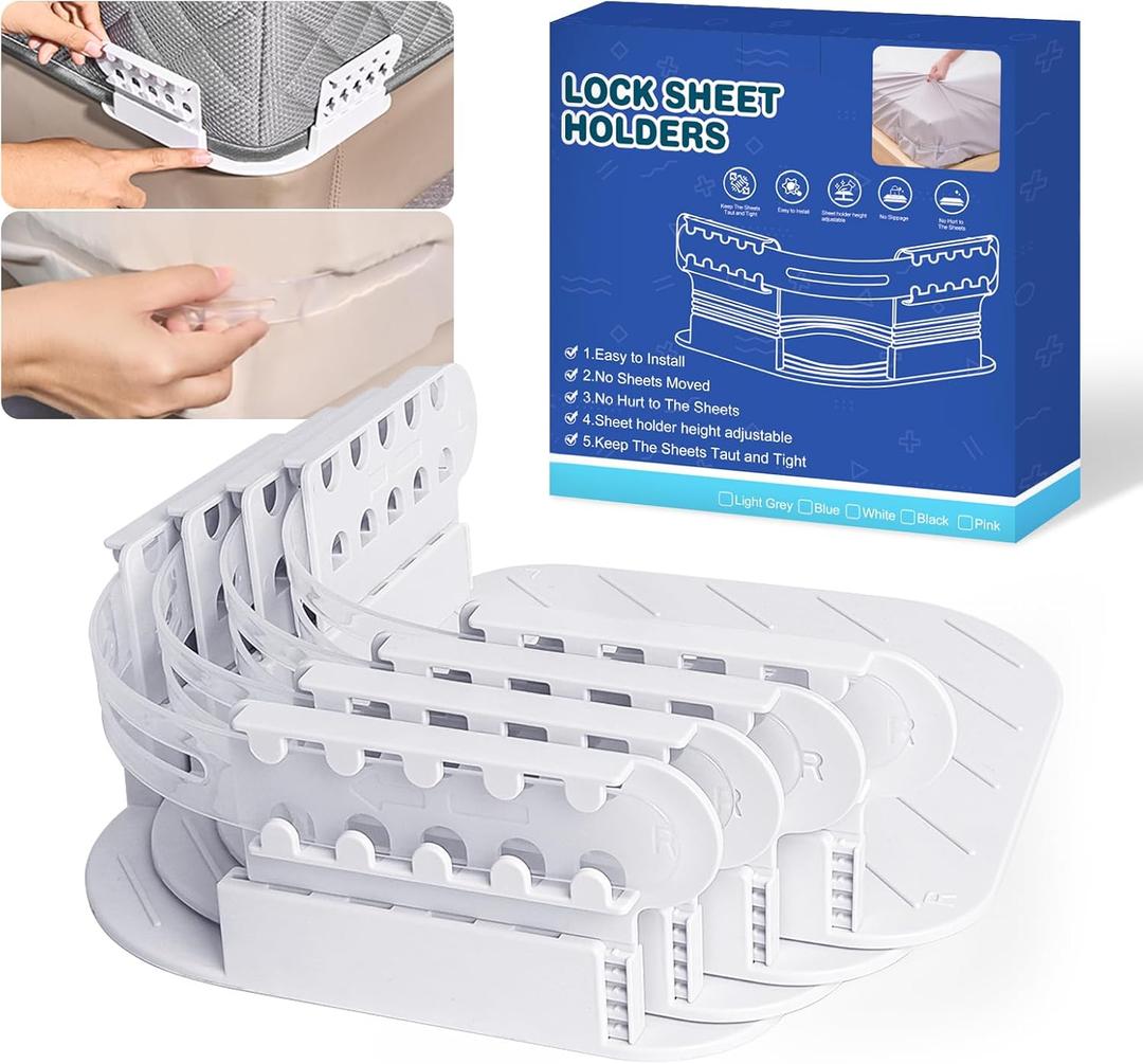 Bed Sheet Corner Holders, White Heavy Duty Fitted Sheet Fasteners with Lock Straps for Mattress, 4 Pack Sheet Clips for Secure Grip