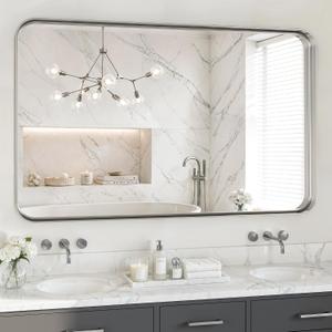 48X30 Inch Silver Metal Framed Bathroom Mirror for Wall,HD Tempered Glass