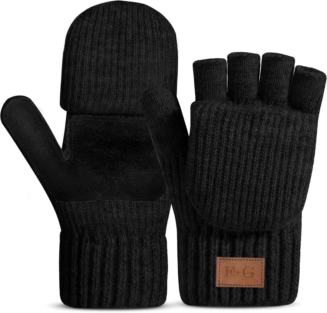 Winter Thermal Fingerless Gloves Mittens, Knitted Convertible Mittens Flap, Warm Gloves for Women and Men (Black)