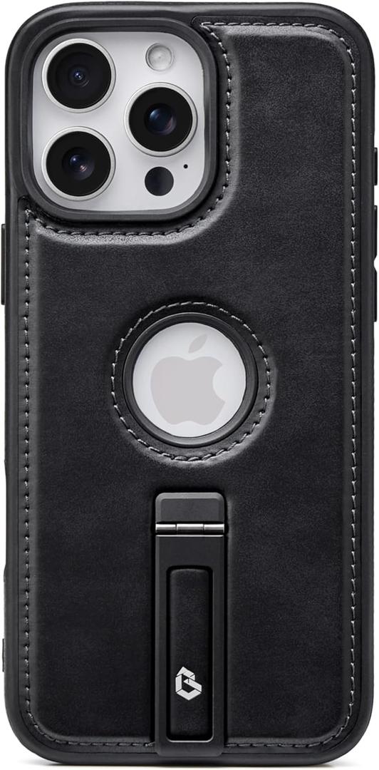 for iPhone 15 Pro Case Leather with Stand, Strong Magnetic Fits for MagSafe (Black, iPhone 15 Pro)