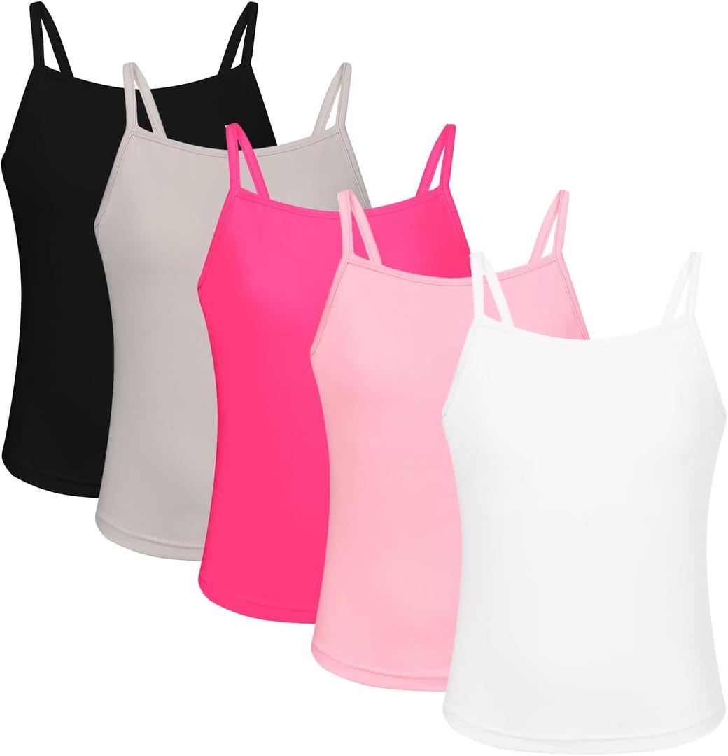 EXARUS 5 Pack Girls Tank Tops Seamless Slim Fit Cami Top Padded Stretchy Comfort Full Length Undershirts Sleeveless Under Shirts Solid Basic Spaghetti Straps Camisoles for Teen Daily 12Y