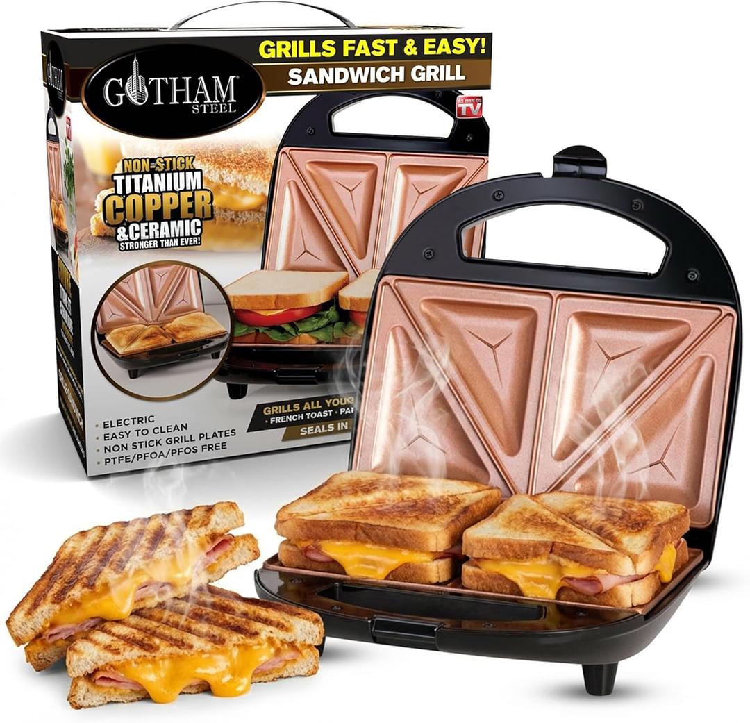 Gotham Steel Nonstick Panini Press Sandwich Maker, 2in1 Breakfast Sandwich Maker Grill / Sandwich Press Grill with Indicator Light, Grilled Cheese Maker Makes 2 Sandwiches with Easy Cut Edges, Black