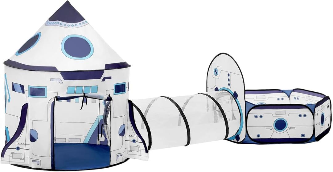 3PC Kids Play Tent with Tunnel and Ball Pit, Pop up Play Tents for Toddlers, Rocket Ship Playhouse for Indoor & Outdoor Use, Boys Spaceship Tent Set with Carry Bag, Ideal Gifts for Kids
