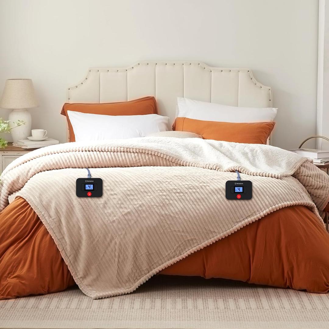 Westinghouse Queen Size Electric Blanket, Flannel to Sherpa Reversible, Heated Blanket Queen with Dual Control 10 Heating Settings & 1-12 Hours Auto Shut Off, Machine Washable, (84" x 90", Beige)