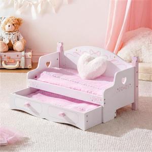 ROBUD Wooden All-in-One Baby Doll Doll Bunk Bed Sofa with Mattress, Quilts & Pillows, 18 Inch Doll Furniture with Realistic Details for Pretend Play, Fits Dolls Up to 20 in, Pink for Kids 3+