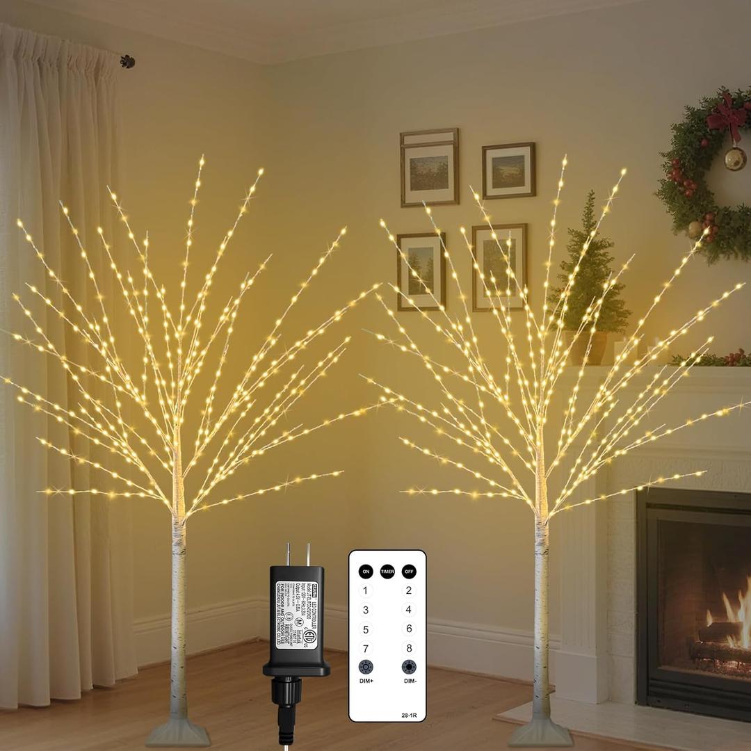 Remon 2Pack 4FT Lighted Birch Trees, Birch Tree with 400 LED Lights, 8 Flash Modes and Timer, Dimmable, Light Up Twig Christmas Tree for Indoor Outdoor Home Party Garden Wedding Decorations