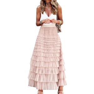 Womens Long Maxi Tulle Skirt A Line Ruffle Mesh High Waisted Tiered Layered Skirts Petticoat (Medium, Pink)