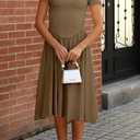 CHYRII Women Fashion Summer 2025 Square Neck Short Sleeve A-Line Midi Dress Long Sundress (Brown, M)