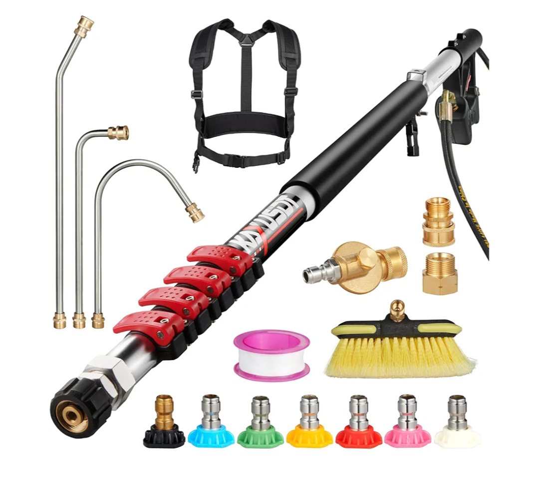 Pressure Washer Telescoping Wand, 24 ft, 4000 psi, Telescopic Spray Wand with Power Washer Extension Wands, Gutter Cleaner, Pivoting Coupler, 7 Spray Nozzle Tips and Adjustable Support Harness 