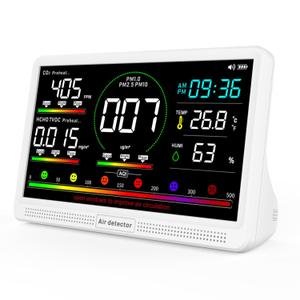16-in-1 Air Quality Monitor Indoor, 7" Display with 9 AQI Metrics & 7 AQI Alarms, Monitors CO2, PM2.5, PM1.0, PM10, HCHO, TVOC, Temperature, Humidity & AQI, Time, for Home,Office, Car, Plants & Pets