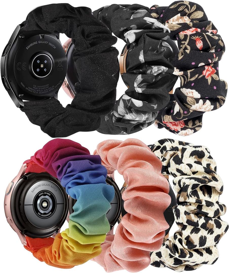 TOYOUTHS 20mm Scrunchie Elastic Stretchy Band Compatible with Samsung Galaxy Watch7/ 6/5/4 40&44mm/Classic 6 43&47mm/Watch 5 Pro 45mm/Active 2 40&44mm/Watch 4 Classic 42&46mm/Watch 3 41mm, 6 Packs S (Black/Leopard/Pink/Rainbow/Red/Grey)
