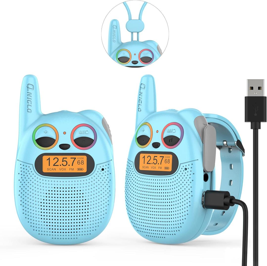 Qniglo Walkie Talkies for Kids Rechargeable 2 Pack,Christmas Birthday Gifts Toys for Age 3-12 Boys Girls, Long Range Kids Walkie-Talkie with FM Radio for Family Kids Adventure Camping Hiking Spy Games (Blue)
