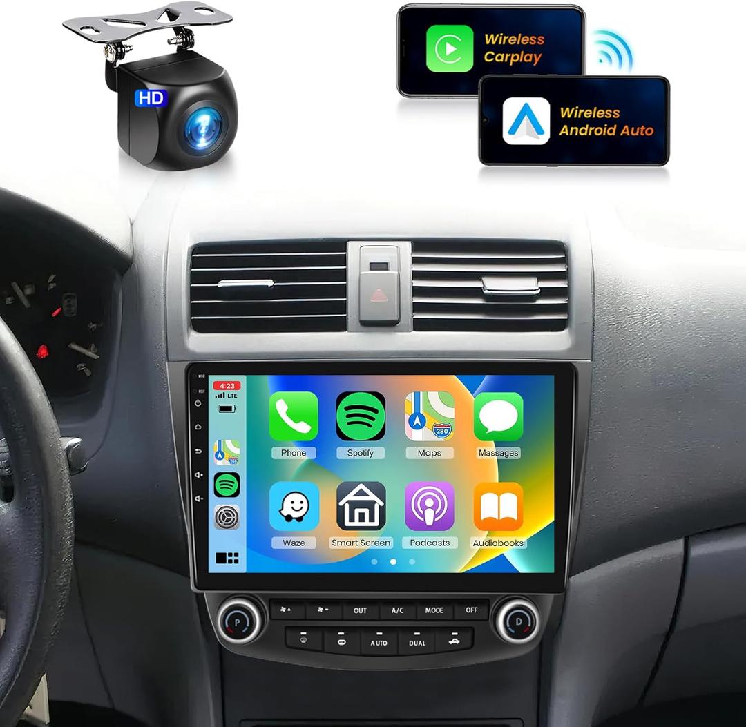 8Core 6G+128G QLED Car Stereo for Honda Accord 7th 2003-2007 Radio with 10.1inch 1280X720P Touchscreen DSP/46 EQ Bluetooth 5.0 Wireless CarPlay Android Auto GPS FM/RDS WiFi SWC+AHD Backup Camera
