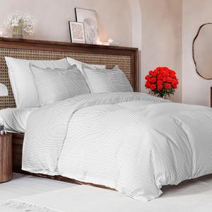 Duvet Cover Full Size Set - Extra Soft Floral Duvet Cover 80 x 90 with 2 Pillow Shams - Comfy, Cozy, Breathable Floral Bedding Set - Hotel Luxury & Fade Free with Zipper Closures & Ties - Grey Stripes (09 - Fine Lines (No Comforter))