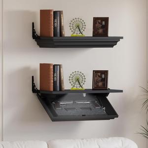 LED Compact Gun Shelf with Hidden Storage, Solid Wood & Pine Material Floating Wall Mount Gun Rack with Automatic Induction Windmill Lock,Concealed Furniture for Secure Storage (Black)