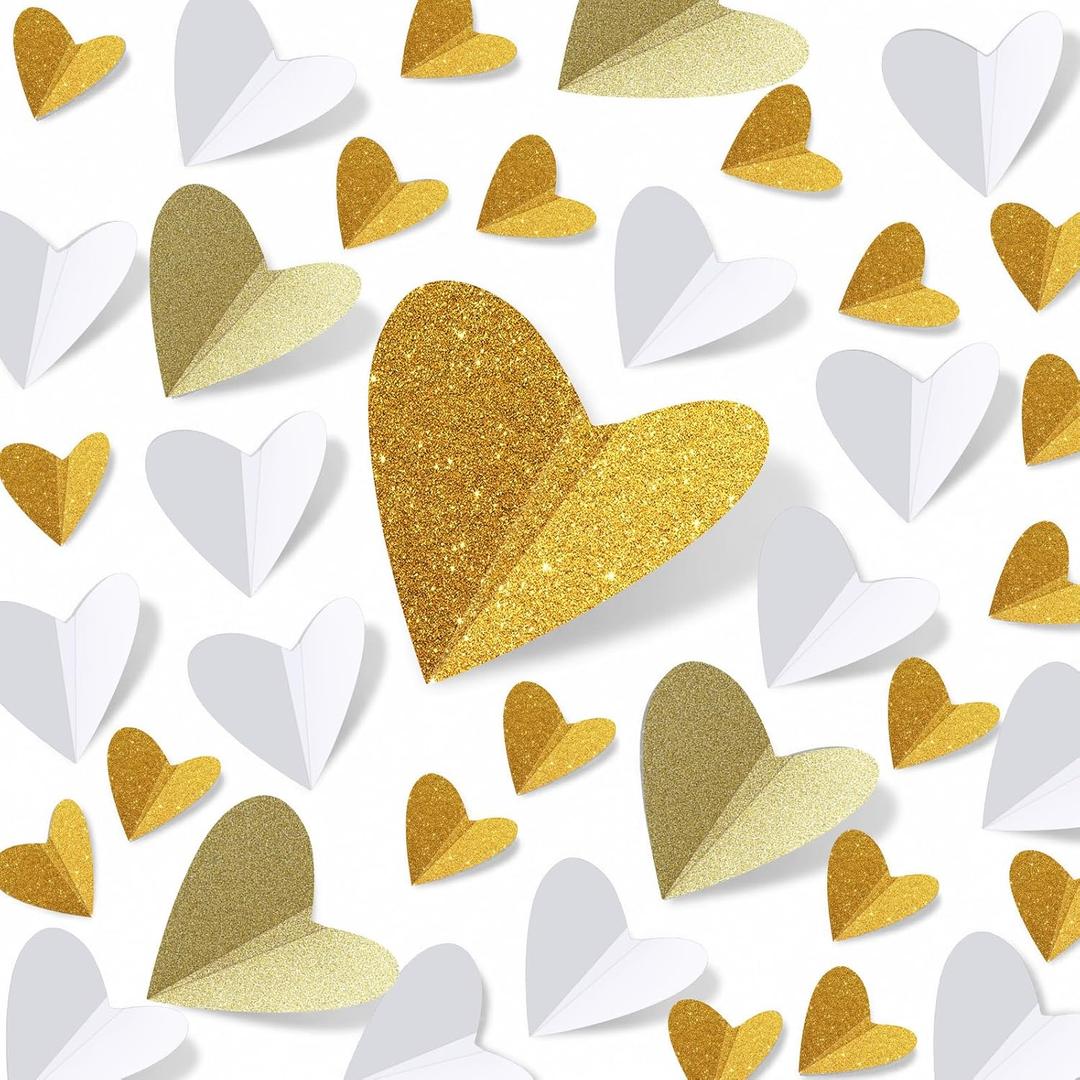 200 Pcs Heart Wall Decoration 3D Heart Stickers Glitter Paper Wall Decal for Office Bedroom Bathroom Wedding Anniversary Home Decor 4 Different Sizes(Gold and White)