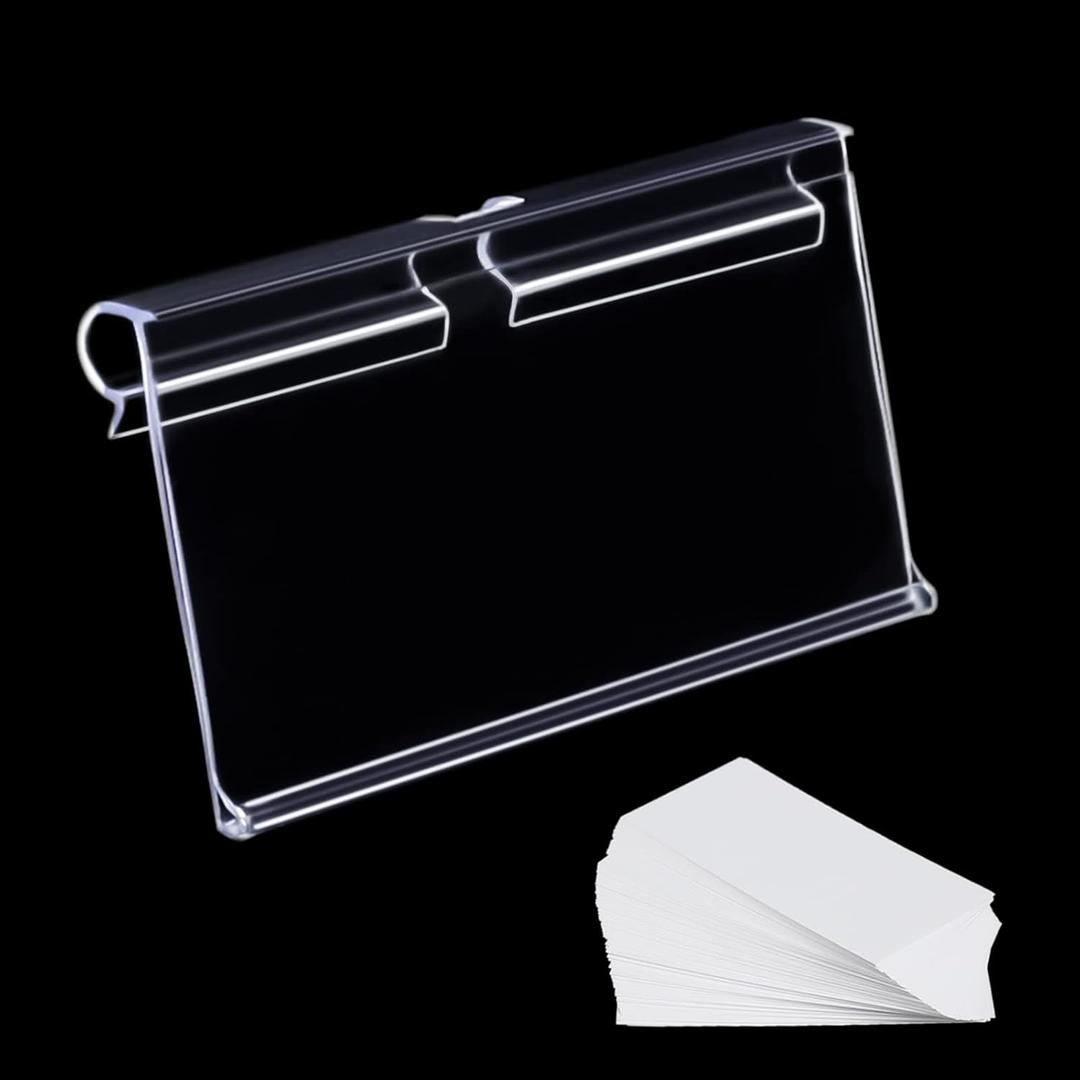 80pcs Plastic Label Holder Retail Sign PVC Clear Shelf Label Holder on Hook (Includes 100 Pieces Label Inserts) (1.65H*3.15L inch / 4 * 8 cm)