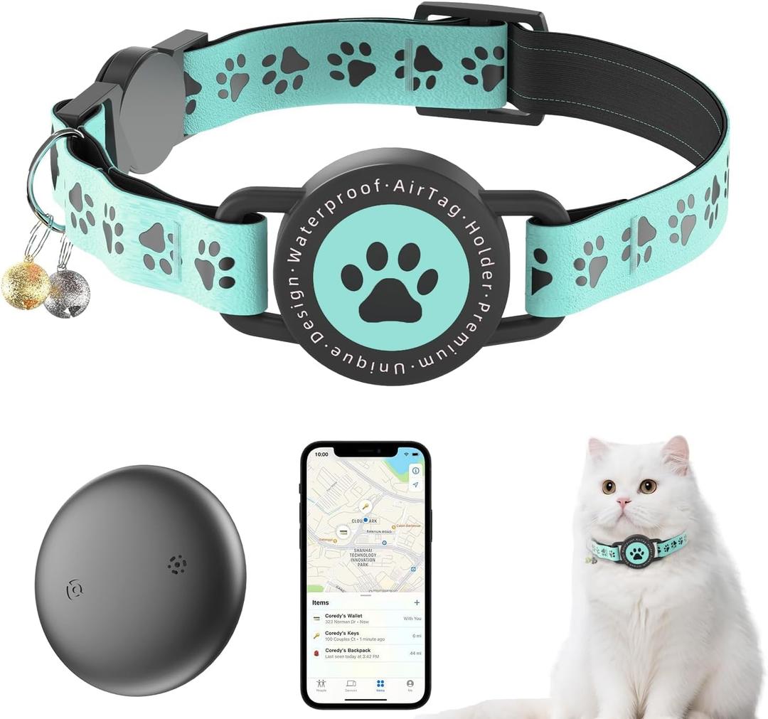 (Blue) GPS Tracker for Cats, Waterproof GPS Cat Trackers Cats Collar with Bells, No Subscription, GPS Cat Collar, Adapt with Apple Find My (iOS Only) Finder Tag for Vehicles, Pets, Kids