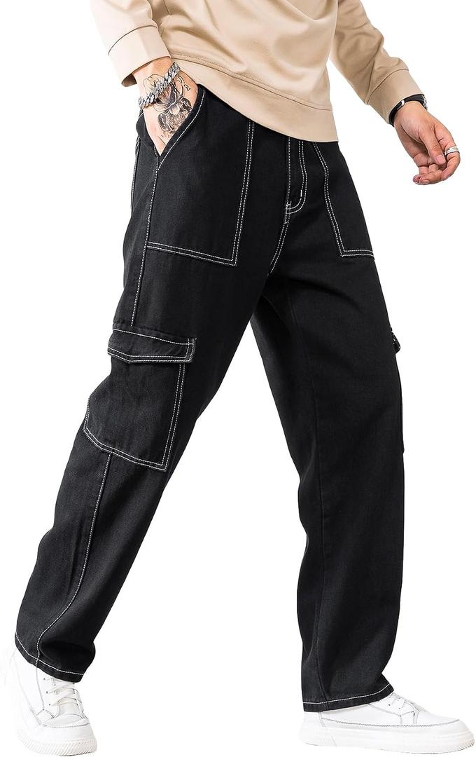 GORGLITTER Men's High Waist Baggy Jeans Wide Leg Denim Cargo Pants Contrast Stitching Skater Jeans Trousers (XXL)