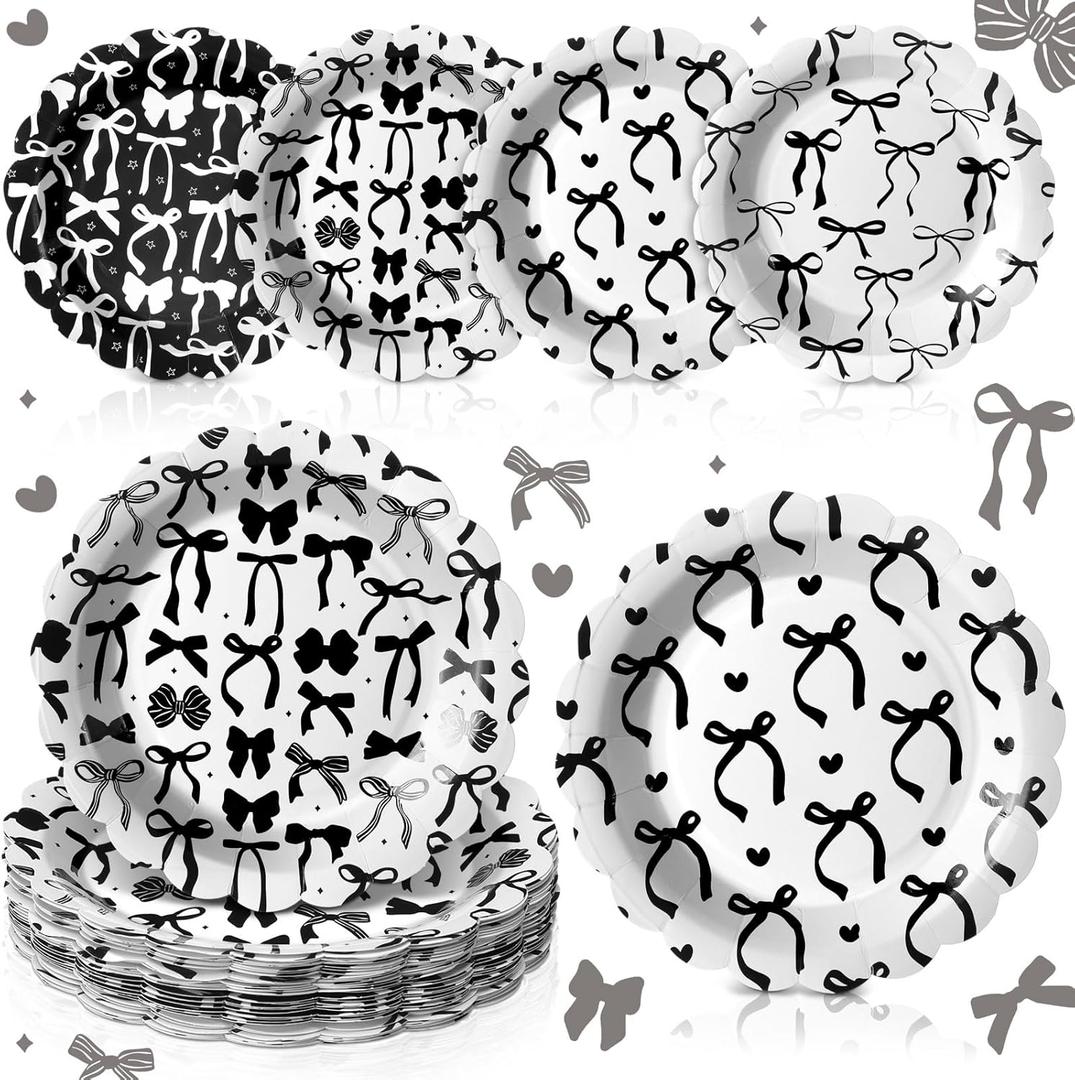 100 Pcs Bow Paper Plates 7'' Scalloped Bowknot Disposable Paper Plate Coquette Bow Dessert Set for Girl Bachelorette Engagement Bridal Baby Shower Birthday Table Decor(Black)