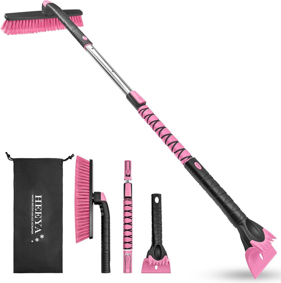 HEEYA 48 Inch Long Snow Brush for SUV, Extendable Ice Scraper and Brush with Foam Grip, 360 Pivoting Snow Car Brush for Truck Auto Jeep RV Vehicle Windshield Window - Pink