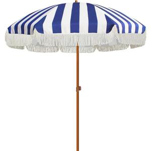AMMSUN 7ft Patio Umbrella with Fringe Outdoor Tassel Umbrella UPF50+ Wood Color Steel Pole and Steel Ribs Push Button Tilt, Navy Stripe