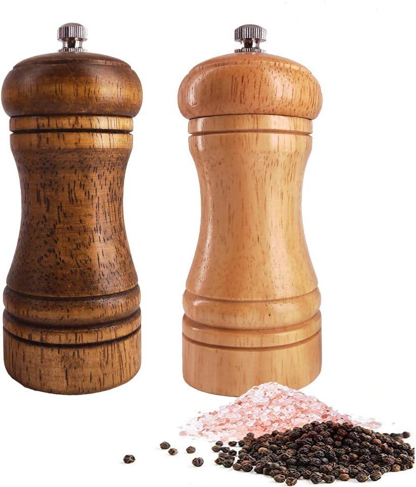 Salt and Pepper Grinders Set,Ouktor Manual Wooden Salt and Pepper Mills Shakers, Ceramic Rotor with Strong Adjustable Coarseness (5.5inch)